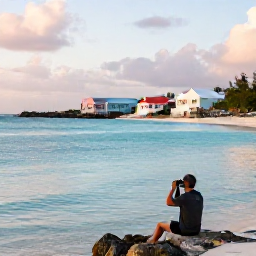 Caribbean Holidays, Bermuda Birdwatching, A relaxed traveller birdwatching from a quiet Bermuda shoreline at sunrise, with binoculars, turquoise water and pastel houses in the distance