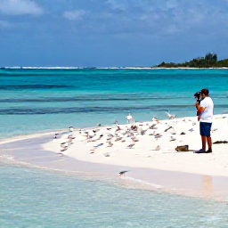 Caribbean Holidays, Bermuda Birdwatching, A roseate tern colony on a small Bermuda island, with clear blue water and a naturalist observing from a respectful distance