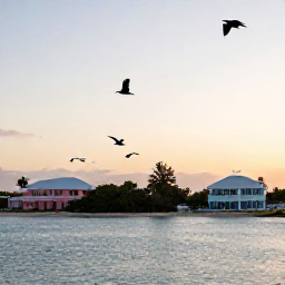 Caribbean Holidays, Bermuda Birdwatching, A tranquil Bermuda coastline at sunset, with seabirds flying above calm blue water, pastel buildings and lush island vegetation