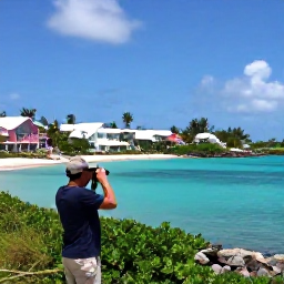 Caribbean Holidays, Bermuda Birdwatching, A tranquil Bermuda shoreline in July with a birdwatcher using binoculars, turquoise water, pastel houses and subtropical greenery