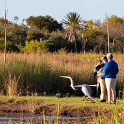 Caribbean Holidays, Bermuda Birdwatching, Bermuda wetland surrounded by reeds and woodland, birdwatchers quietly observing herons and ducks on a bright February morning