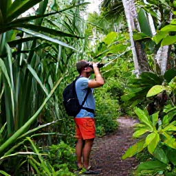 Caribbean Holidays, Bermuda Birdwatching, Birdwatcher exploring a lush Bermuda nature reserve with binoculars, woodland paths, reeds and bright summer foliage