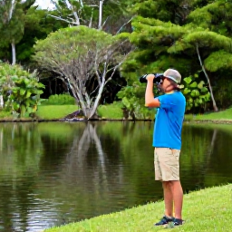 Caribbean Holidays, Bermuda Birdwatching, Birdwatcher using binoculars beside a peaceful pond surrounded by Bermuda woodland and winter greenery