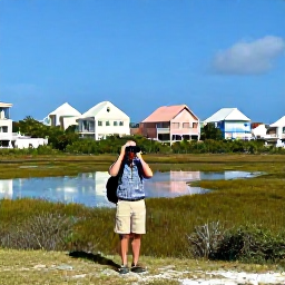 Caribbean Holidays, Bermuda Birdwatching, Birdwatcher with binoculars beside a quiet Bermuda wetland in February, pastel houses and clear blue sky in the background