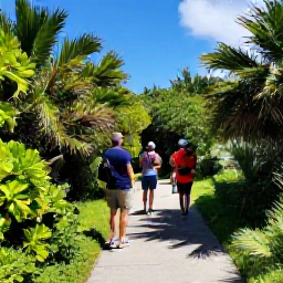 Caribbean Holidays, Bermuda Birdwatching, Birdwatchers exploring a green nature trail at Spittal Pond Nature Reserve in Bermuda on a bright day
