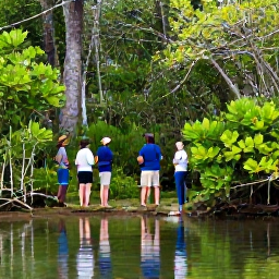 Caribbean Holidays, Bermuda Birdwatching, Birdwatchers exploring lush Bermuda woodland and a freshwater pond in April, with native and migratory birds in the trees