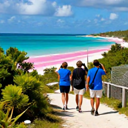 Caribbean Holidays, Bermuda Birdwatching, Birdwatchers walking along a scenic Bermuda coastal trail with binoculars, turquoise sea and pink-sand shoreline in January