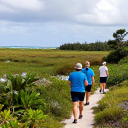 Caribbean Holidays, Bermuda Birdwatching, Birdwatchers walking along a trail through Spittal Pond Nature Reserve in Bermuda, looking across wetlands, woodland and the Atlantic coastline