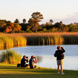 Caribbean Holidays, Bermuda Birdwatching, Birdwatchers with binoculars beside the freshwater ponds and reed beds of Spittal Pond Nature Reserve, Bermuda, in warm autumn sunshine