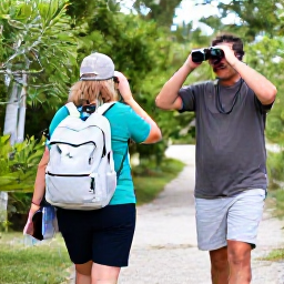 Caribbean Holidays, Bermuda Birdwatching, Friendly birdwatchers walking a Bermuda nature trail with binoculars, field guide and light backpacks