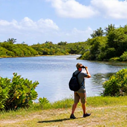 Caribbean Holidays, Bermuda Birdwatching Holidays, A birdwatcher with binoculars walking beside a tranquil Bermuda pond surrounded by trees and coastal vegetation