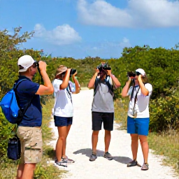 Caribbean Holidays, Bermuda Birdwatching Holidays, A friendly small group of travellers birdwatching on a sunny Bermuda trail with binoculars and a knowledgeable local guide