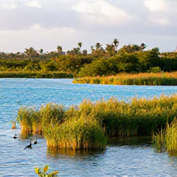 Caribbean Holidays, Bermuda Birdwatching Holidays, A quiet Bermuda wetland at sunrise with native and migratory birds among reeds, turquoise water and lush greenery