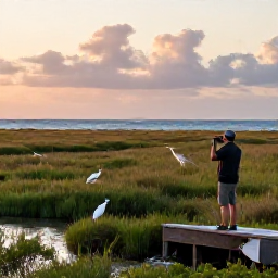 Caribbean Holidays, Bermuda Birdwatching, Quiet marshland and coastal habitat in Bermuda at sunrise, with a birdwatcher observing herons and shorebirds