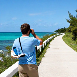 Caribbean Holidays, Bermuda Birdwatching, Relaxed birdwatching holiday in Bermuda with binoculars, water bottle and field guide beside a scenic coastal path