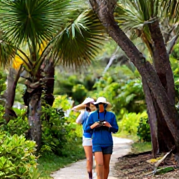 Caribbean Holidays, Bermuda Birdwatching, Relaxed birdwatching walk along a Bermuda nature trail, comfortable visitors carrying binoculars beneath palms and cedar trees