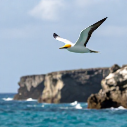 Caribbean Holidays, Bermuda Birdwatching, White-tailed tropicbird flying above Bermuda&rsquo;s rugged coastline, turquoise sea and rocky cliffs in soft winter sunlight