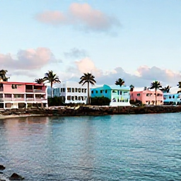 Caribbean Holidays, Bermuda Business Class, A peaceful January morning on Bermuda with pastel houses, palm trees and clear blue water