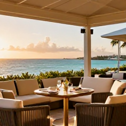 Caribbean Holidays, Bermuda Business Class, A stylish Bermuda hotel terrace overlooking the sea at sunset, with comfortable lounge seating and an elegant dinner setting