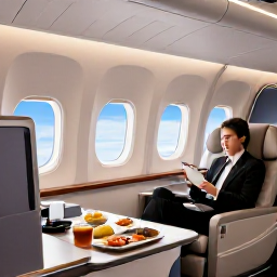 Caribbean Holidays, Bermuda Business Class, Business class cabin with spacious lie-flat seats, a traveller enjoying a refined meal and large windows showing a blue sky