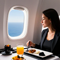 Caribbean Holidays, Bermuda Business Class, Business class passenger enjoying a restaurant-quality meal and drink beside a wide aircraft window with blue ocean below