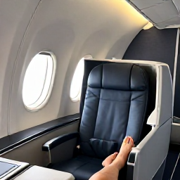 Caribbean Holidays, Bermuda Business Class, Business class passenger relaxing in a comfortable aircraft seat, soft lighting, elegant cabin details