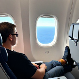 Caribbean Holidays, Bermuda Business Class, Business class passenger relaxing in a spacious aircraft seat with a window view over the Atlantic Ocean, bright natural light