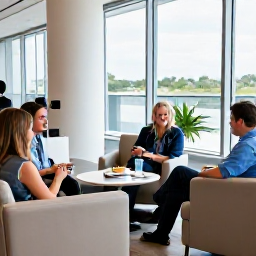 Caribbean Holidays, Bermuda Business Class, Business class passengers relaxing in a bright airport lounge before a flight to Bermuda, elegant seating, refreshments and large windows