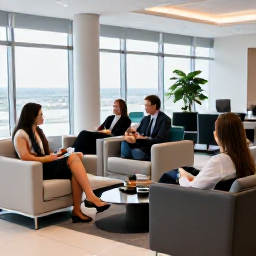 Caribbean Holidays, Bermuda Business Class, Business class passengers relaxing in a bright, modern airport lounge before a flight to Bermuda