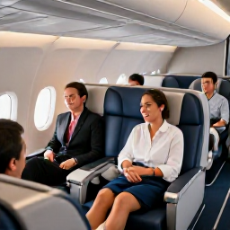 Caribbean Holidays, Bermuda Business Class, Business class passengers relaxing in a comfortable aircraft cabin on a flight to Bermuda