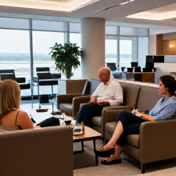 Caribbean Holidays, Bermuda Business Class, Business class passengers relaxing in a comfortable airport lounge before a flight to Bermuda