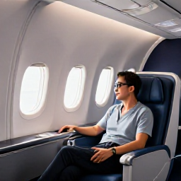 Caribbean Holidays, Bermuda Business Class, Business-class traveller relaxing in a comfortable aircraft seat on a flight to Bermuda, refined cabin details and soft natural light