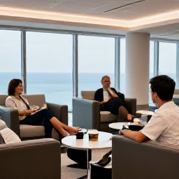 Caribbean Holidays, Bermuda Business Class, Business class travellers relaxing in a bright airport lounge before a flight to Bermuda, comfortable seating, refreshments and large windows