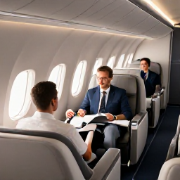 Caribbean Holidays, Bermuda Business Class, Business class travellers relaxing in a comfortable aircraft cabin on a flight to Bermuda