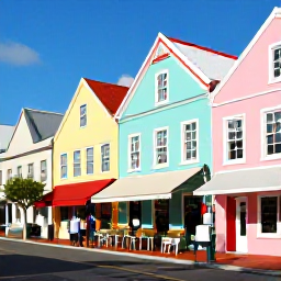 Caribbean Holidays, Bermuda Business Class, Colourful Front Street in Hamilton, Bermuda, with pastel buildings, shops, caf&eacute;s and visitors exploring in spring sunshine