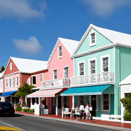 Caribbean Holidays, Bermuda Business Class, Colourful pastel buildings and historic streets in Hamilton, Bermuda, with visitors exploring shops and cafes