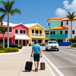 Caribbean Holidays, Bermuda Business Class, Elegant Bermuda airport arrival with a traveller collecting luggage, palm trees, pastel buildings and clear blue sky