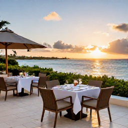 Caribbean Holidays, Bermuda Business Class, Elegant Bermuda hotel terrace overlooking the sea at sunset, prepared for a relaxed evening meal