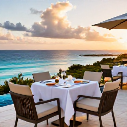 Caribbean Holidays, Bermuda Business Class, Elegant Bermuda hotel terrace overlooking the sea at sunset, with a relaxed dinner setting