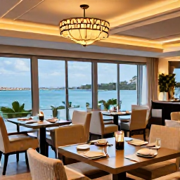 Caribbean Holidays, Bermuda Business Class, Elegant Bermuda restaurant in December with fresh seafood, stylish tables, warm lighting and views across the harbour