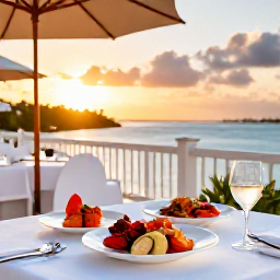 Caribbean Holidays, Bermuda Business Class, Elegant Bermuda restaurant terrace at sunset, fresh seafood dishes and harbour views