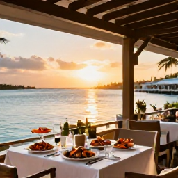 Caribbean Holidays, Bermuda Business Class, Elegant Bermuda waterfront restaurant at sunset, with fresh seafood, outdoor tables and a relaxed evening atmosphere