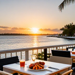 Caribbean Holidays, Bermuda Business Class, Elegant Bermuda waterfront restaurant at sunset with outdoor tables, fresh seafood and a calm harbour view