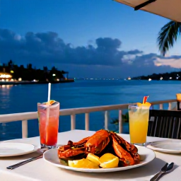 Caribbean Holidays, Bermuda Business Class, Elegant Bermuda waterfront restaurant terrace at dusk with fresh seafood, tropical drinks and harbour views