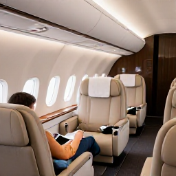 Caribbean Holidays, Bermuda Business Class, Elegant business class aircraft cabin with spacious seats, soft lighting and travellers relaxing before a flight to Bermuda