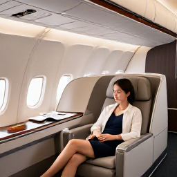 Caribbean Holidays, Bermuda Business Class, Elegant business class passenger relaxing in a spacious aircraft seat on a flight to Bermuda, soft cabin lighting and refined travel details