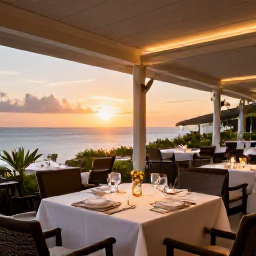 Caribbean Holidays, Bermuda Business Class, Elegant outdoor restaurant overlooking a Bermuda sunset, with tables prepared for an evening meal