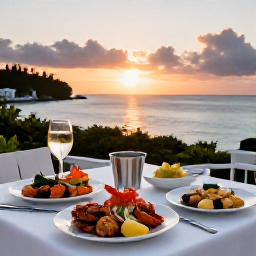 Caribbean Holidays, Bermuda Business Class, Elegant seaside restaurant in Bermuda serving fresh seafood at sunset