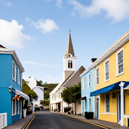 Caribbean Holidays, Bermuda Business Class, Historic St George's Bermuda street with pastel colonial buildings, a church, local shops and gentle winter sunshine