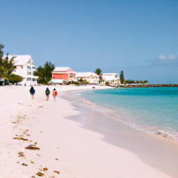 Caribbean Holidays, Bermuda Business Class, Quiet pink-sand beach in Bermuda in January, turquoise water, pastel buildings and a couple walking along the shore